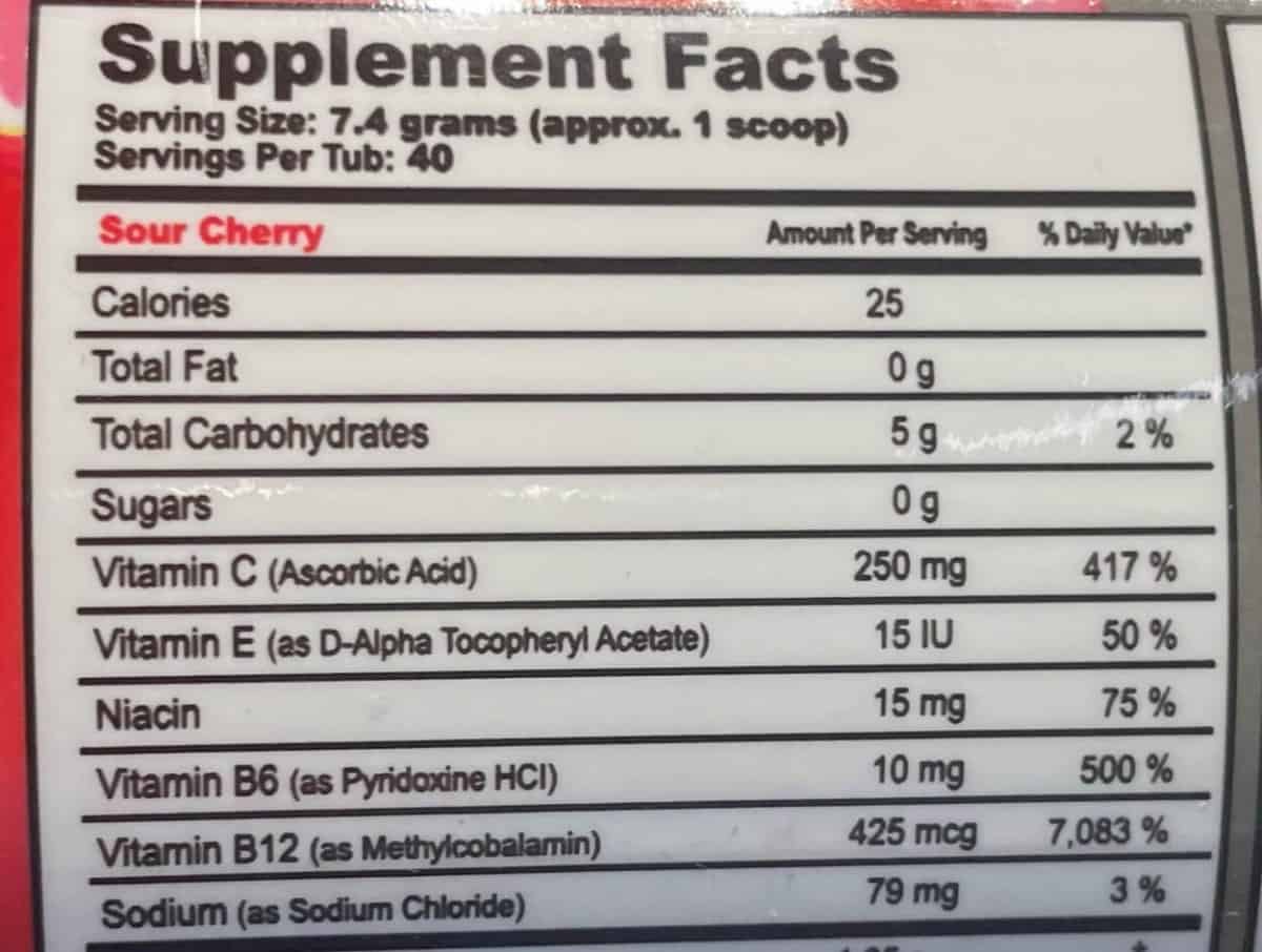 G Fuel Powder Mix Supplement Facts Label