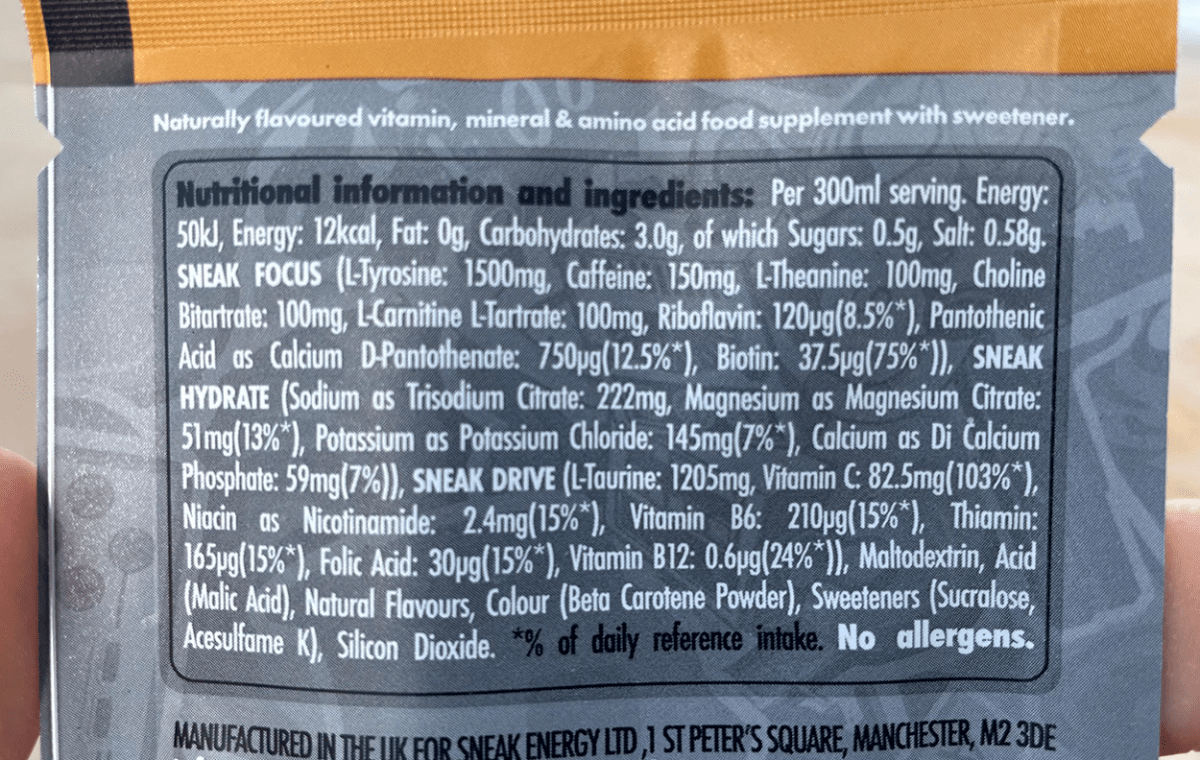 List of nutritional information in one packet of Sneak Energy