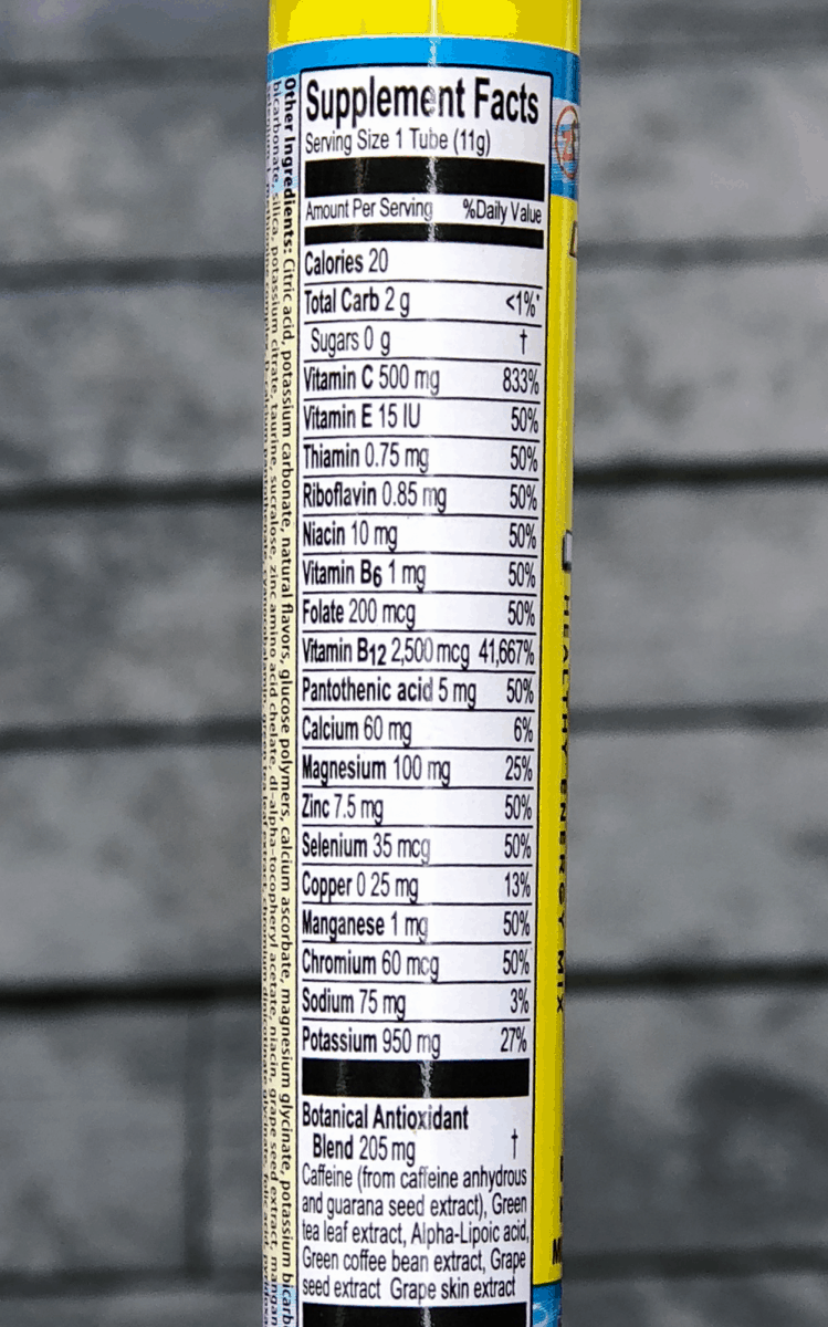 zipfizz nutritional label