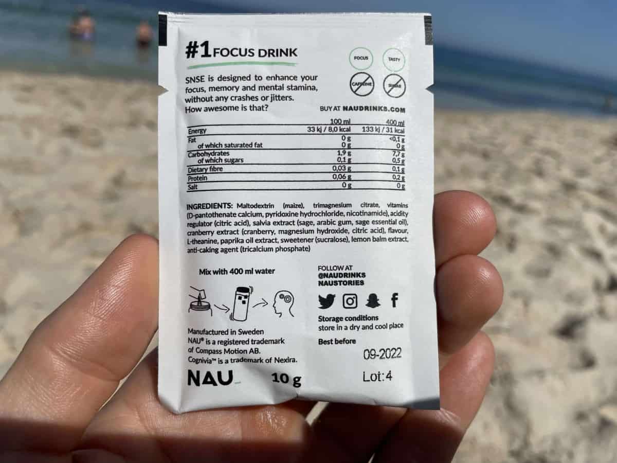 back label of nutritional facts on Nau Energy Drink Sachet