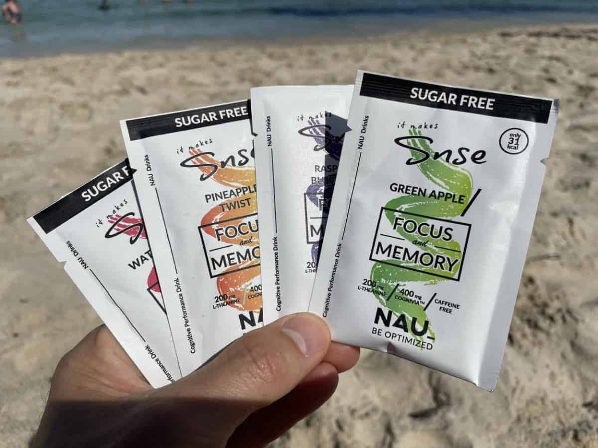 Different flavored sachets of nau energy drink