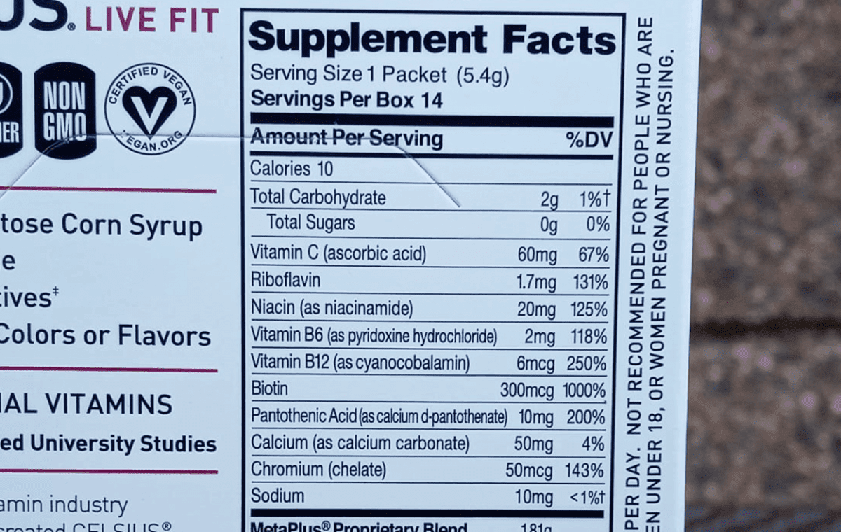 Celsius On-The-Go’s nutritional facts.